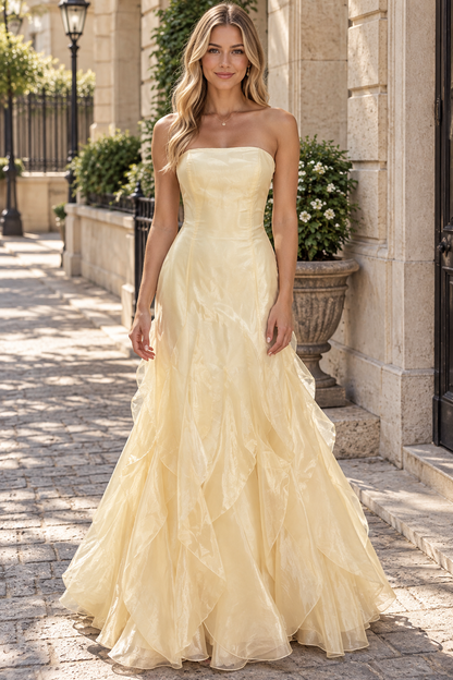 Yellow Strapless Scoop Neck Ruffles Sleeveless Formal Prom Dress