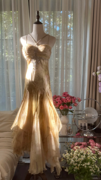 Retro Sweetheart Mermaid Spaghetti Strap Design A-line Romantic Chiffon Evening Dress Prom Dress HZ1024