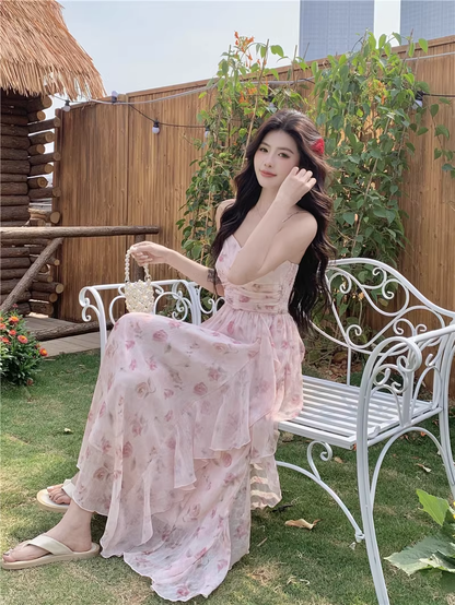 New Fashion Elegant Floral Chiffon Spaghetti Strap Dress HZ1024
