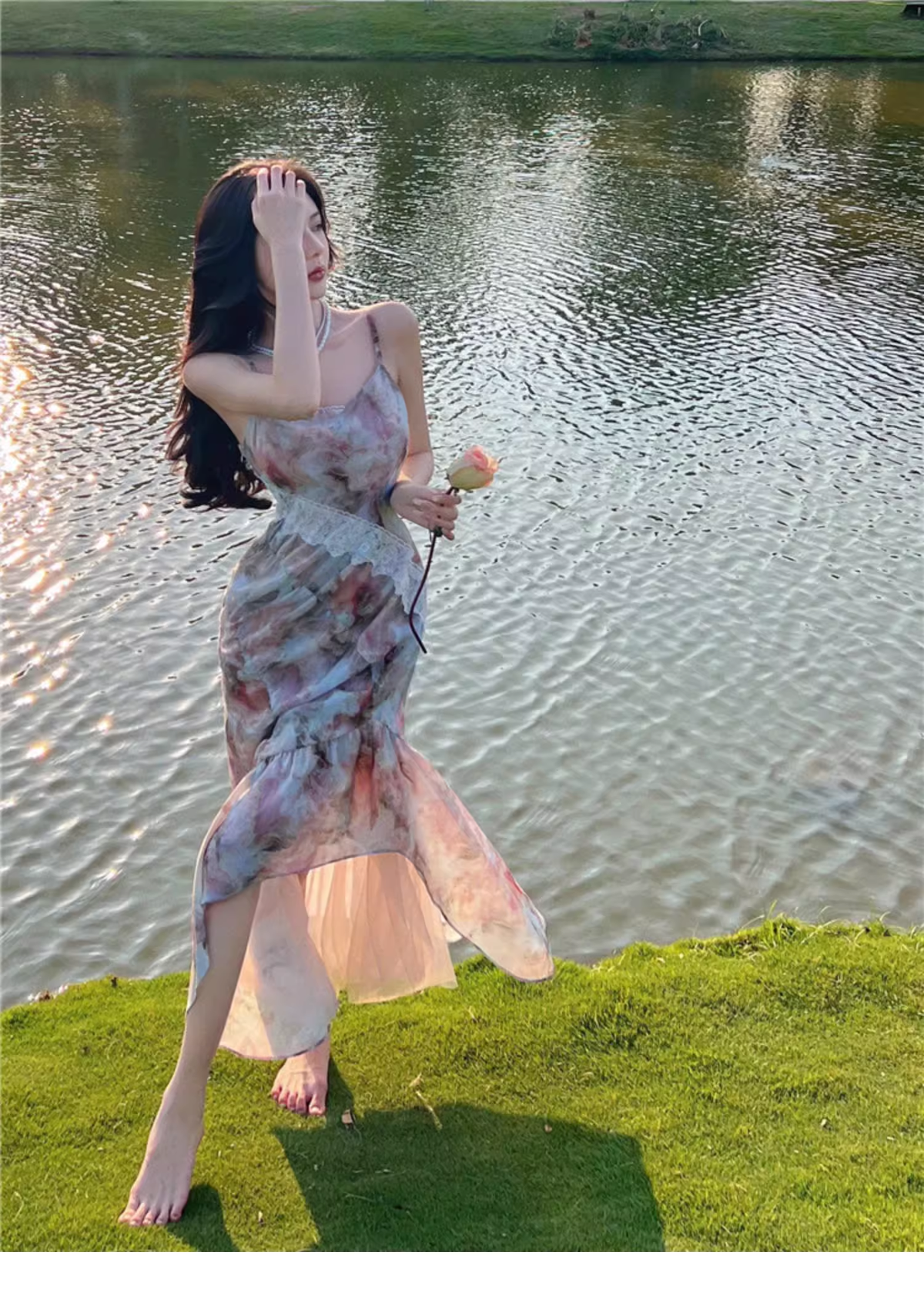 New Fashion Elegant Floral Design Mermaid Spaghetti Strap Dress HZ1024