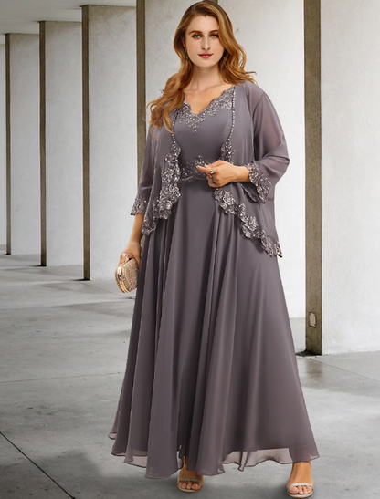 Two Piece A-Line Evening Gown Elegant Dress Formal  Sleeveless V Neck Chiffon with Applique