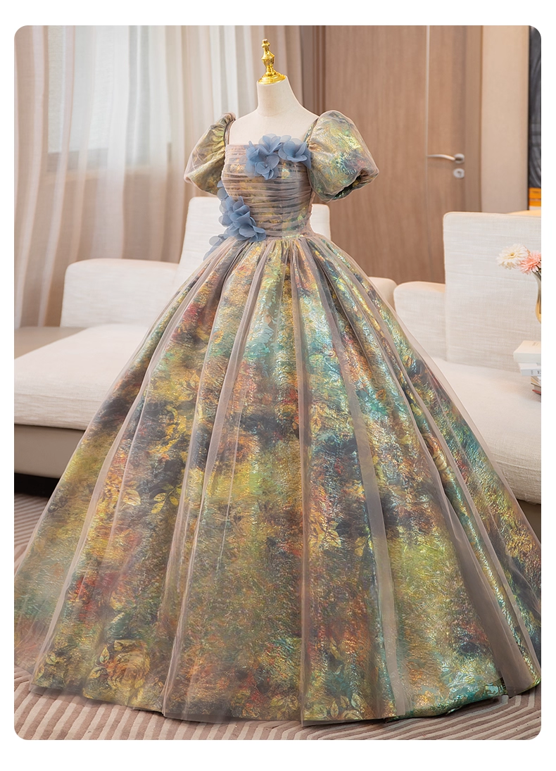 Vintage Court Retro Style Sweet 16 Quinceanera 3D Flowers Short-sleeved Evening Dress Long Ball Gown HZ1024