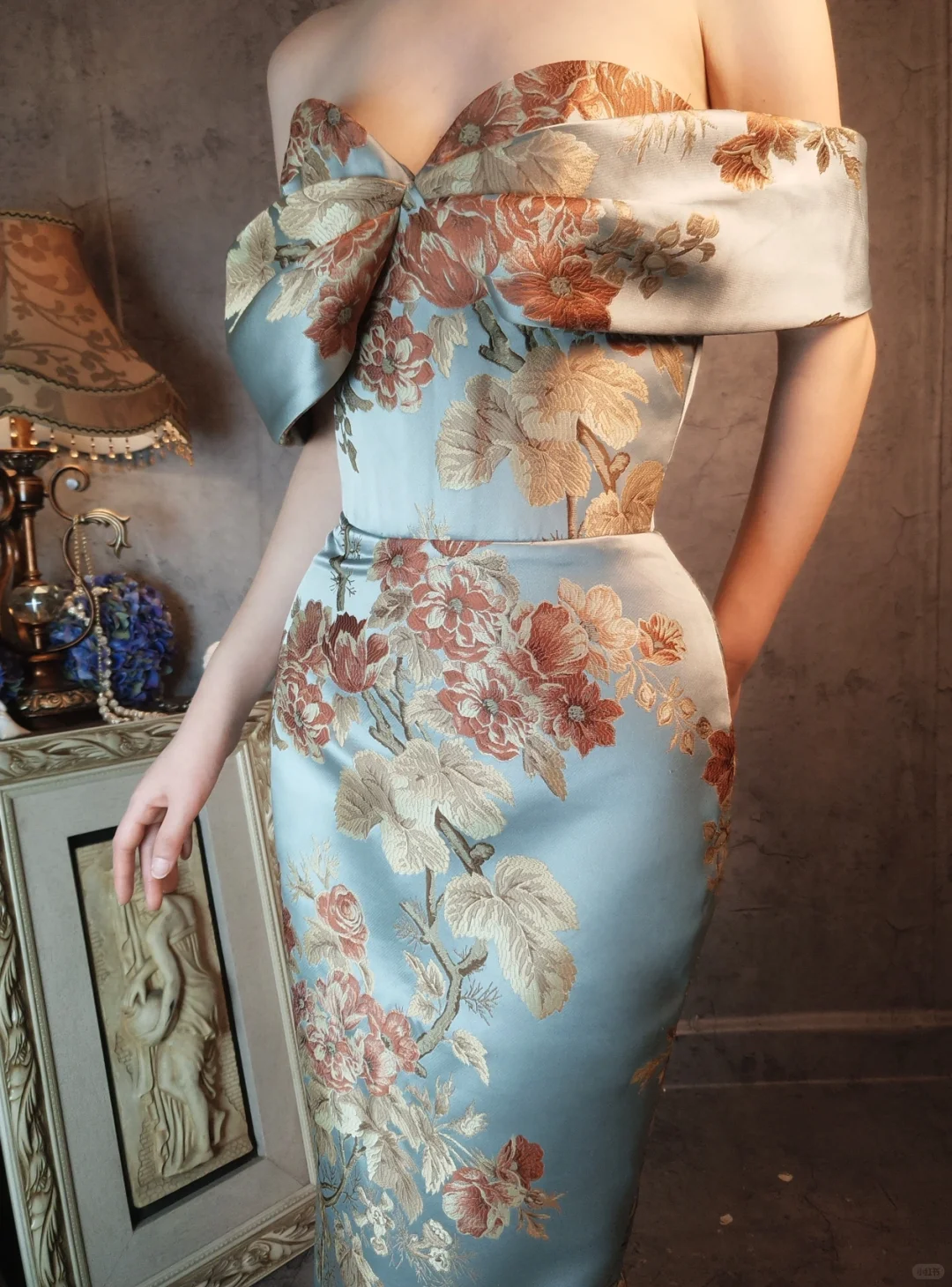 Vintage Floral Off-the-shoulder Sweetheart Design Elegant Satin Evening Dress Prom Dress HZ1024
