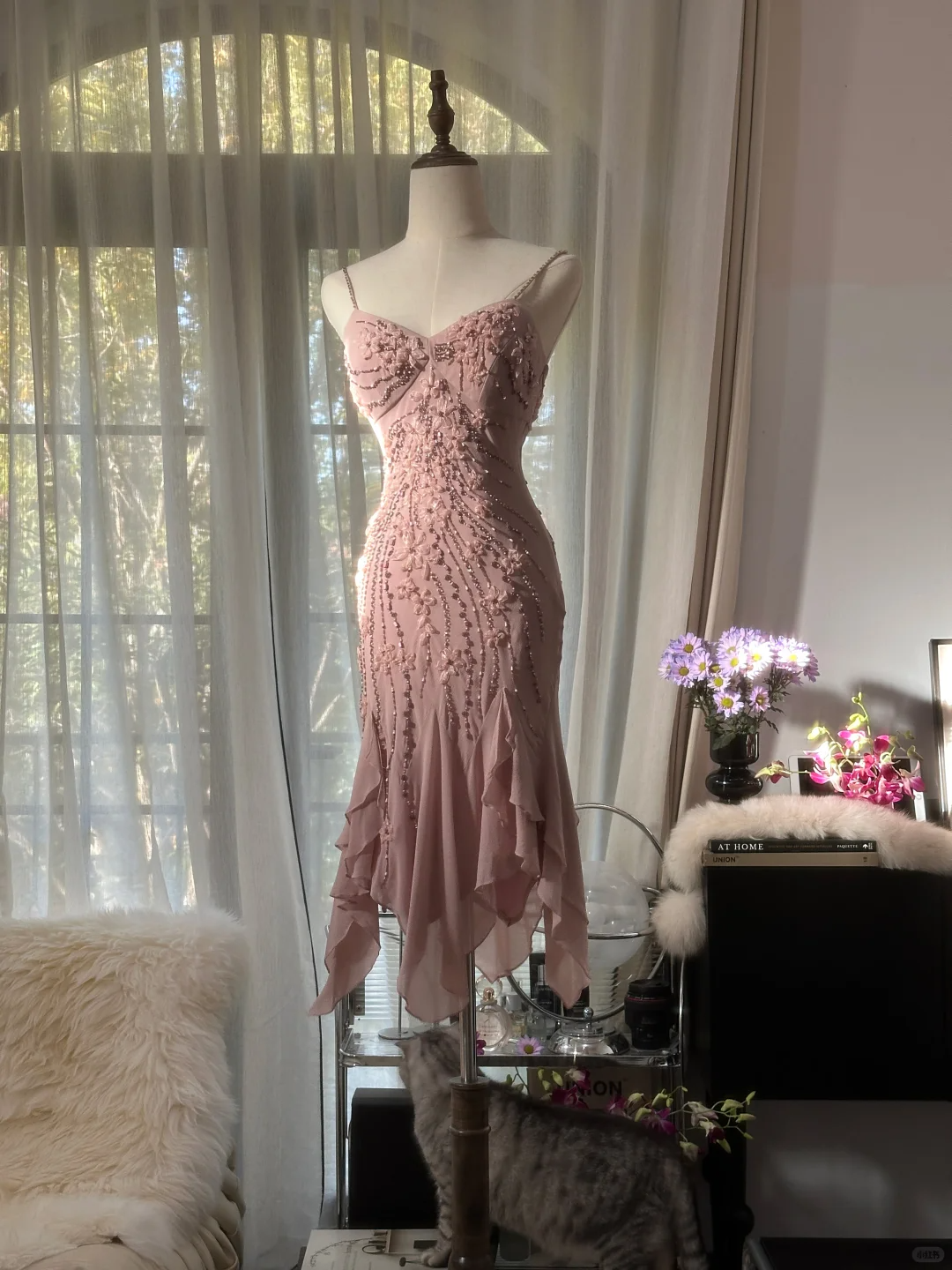 Retro Pink Sparkling Beaded Spaghetti Strap Romantic Chiffon Evening Dress Prom Dresses HZ1024
