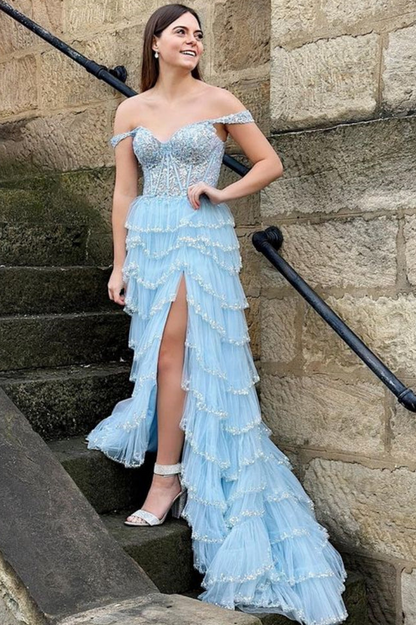 Stunning Off-Shoulder Sweetheart A-Line Layered Prom Dress with Slit