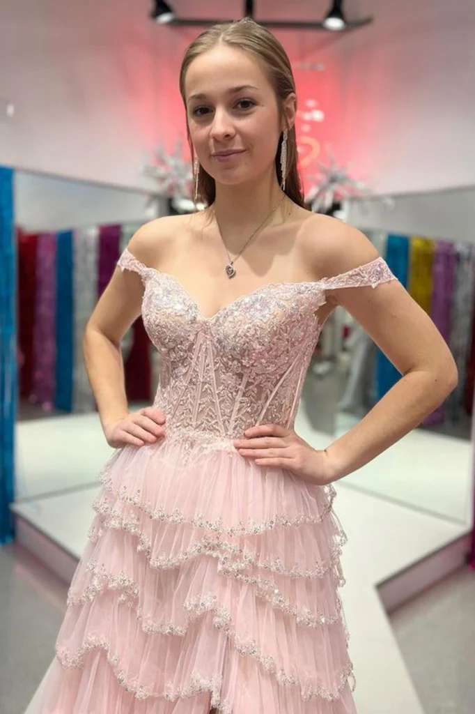 Stunning Off-Shoulder Sweetheart A-Line Layered Prom Dress with Slit