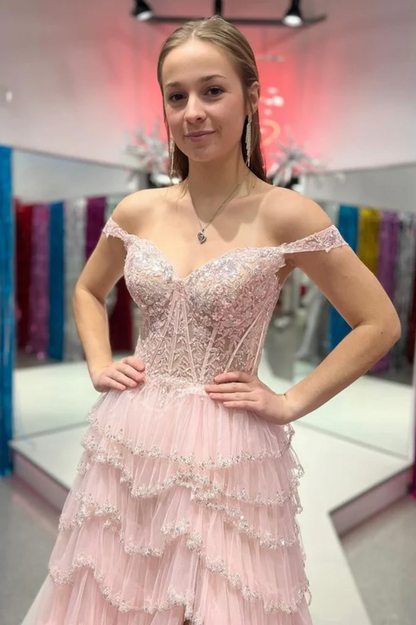 Stunning Off-Shoulder Sweetheart A-Line Layered Prom Dress with Slit
