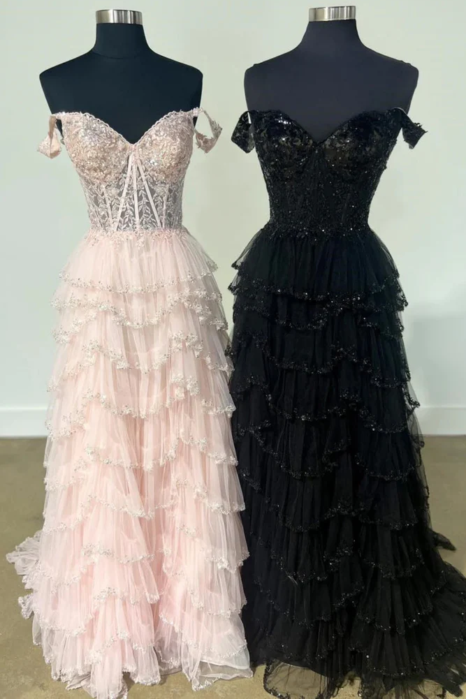 Stunning Off-Shoulder Sweetheart A-Line Layered Prom Dress with Slit
