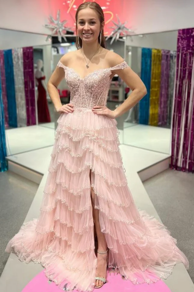 Stunning Off-Shoulder Sweetheart A-Line Layered Prom Dress with Slit