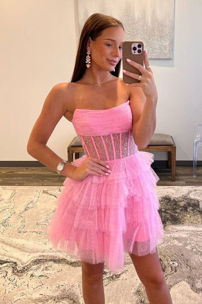 Pink Strapless A-Line Tulle Ruffle Homecoming Dress