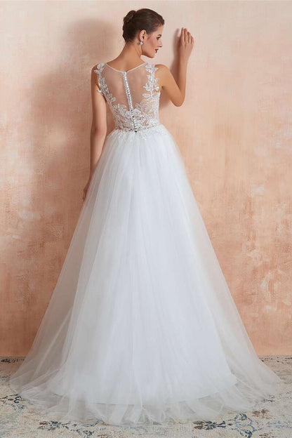 A-Line Bateau Appliqués Wedding Dress with Sheer Back