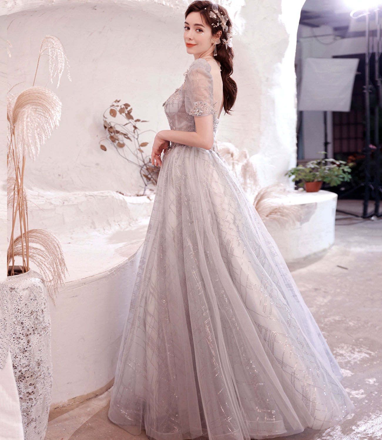 Gray tulle sequins long ball gown dress formal dress  10322