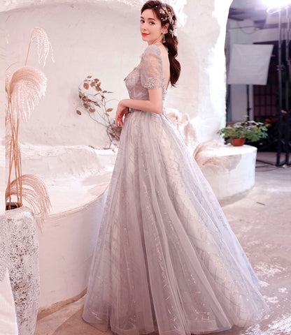Gray tulle sequins long ball gown dress formal dress  10322