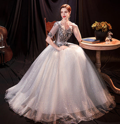 Gray tulle sequins long ball gown dress formal dress  10147