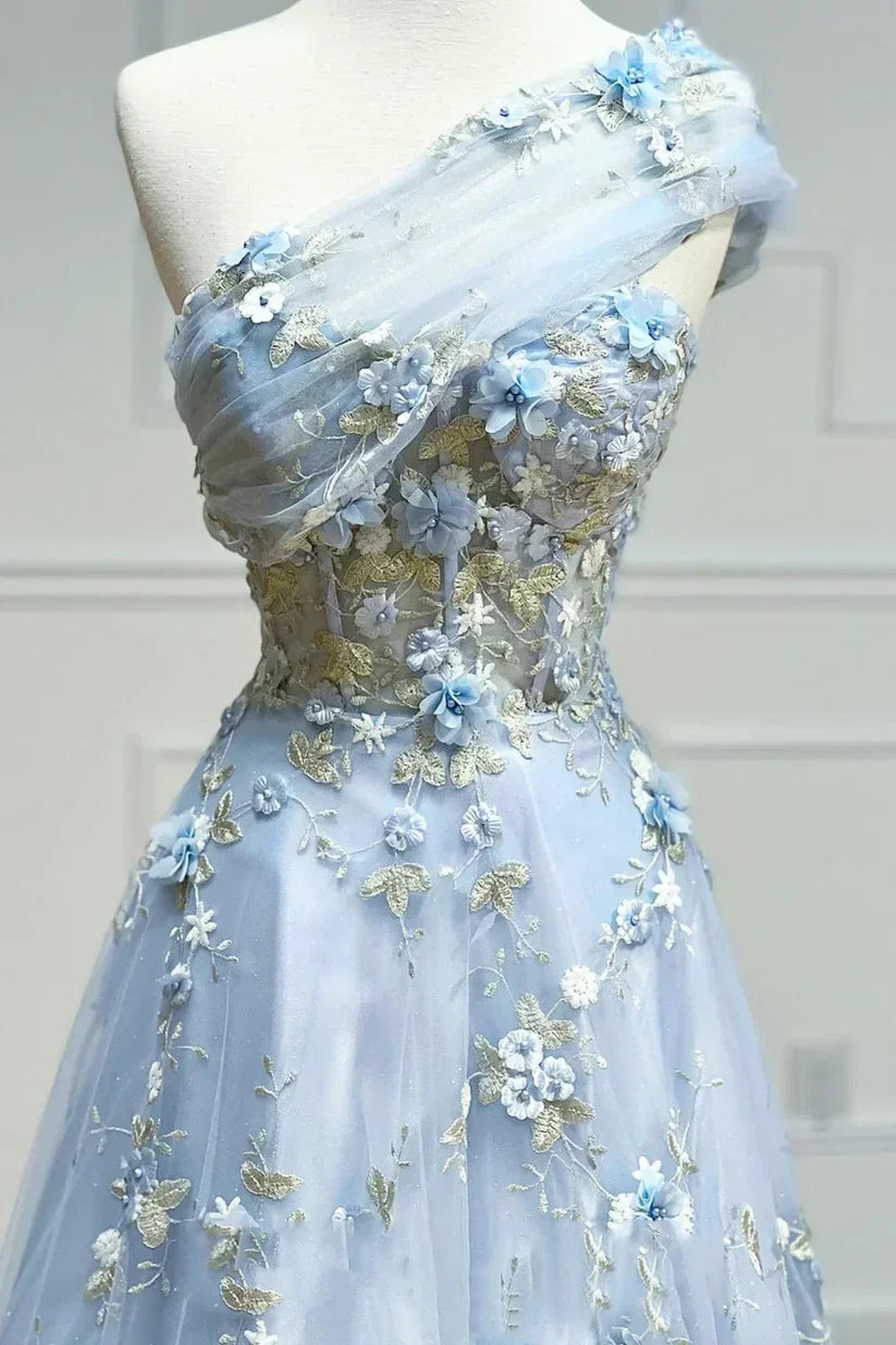 Vintage Light Blue Sweetheart Applique Strapless Design A-Line Evening Dress Prom Dress HZ1024