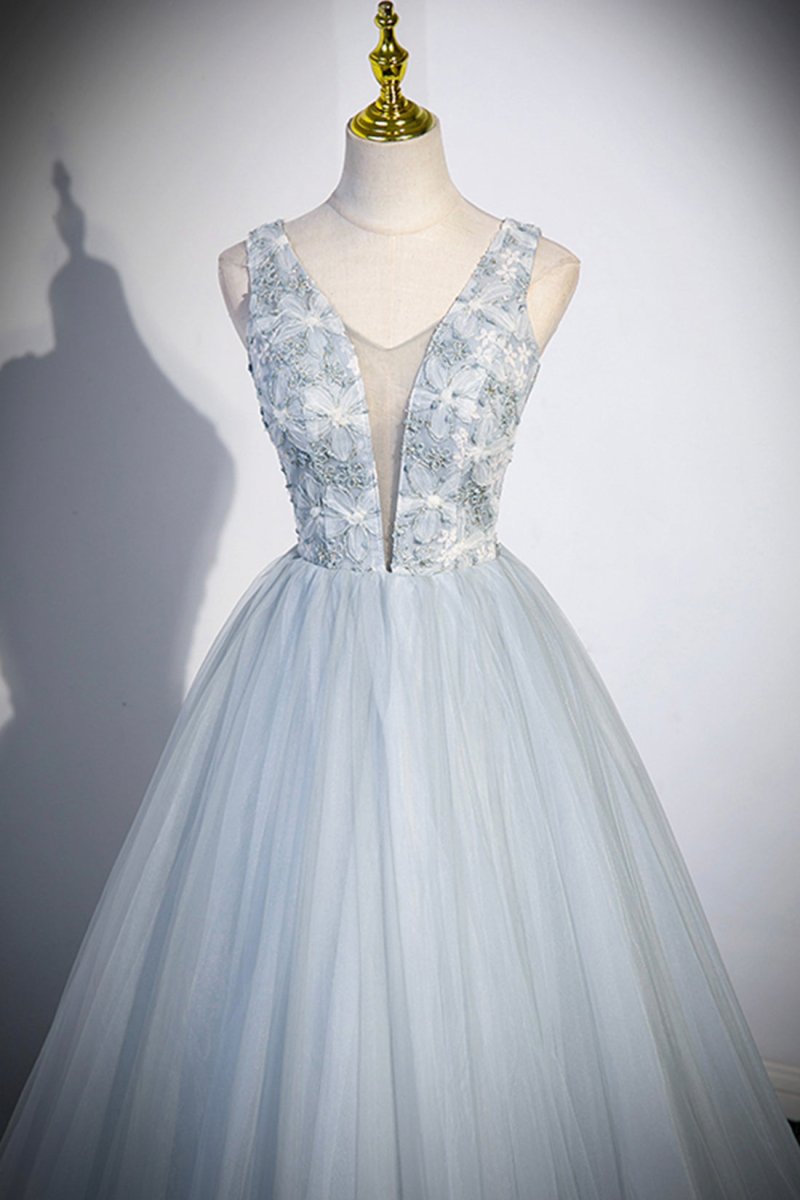 Angelica | Cute V-Neck Tulle Long Prom Dress, Gray Evening Dress Party Dress