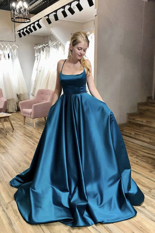 Simple blue satin long prom dress blue satin evening dress