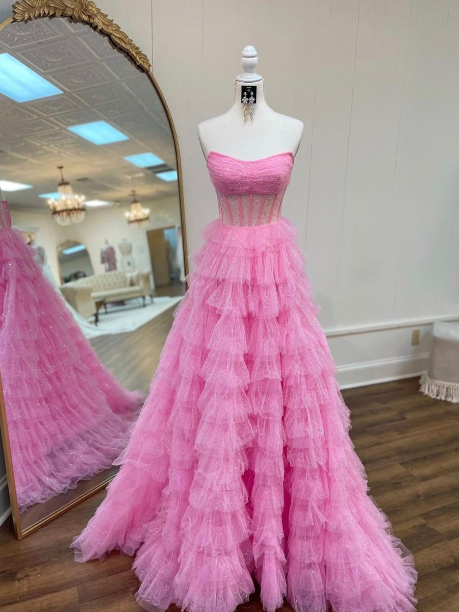 Aubriella |A Line Strapless Corset Glitter Tulle Prom Dress with Ruffles