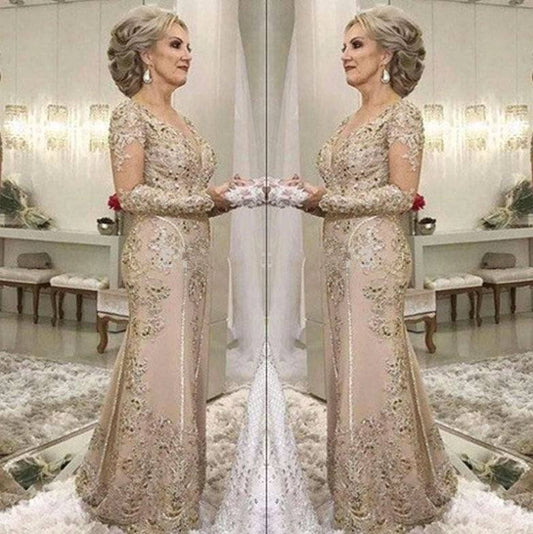 Plus Size Mother Of The Bride Dresses Mermaid V-neck Long Sleeves Tulle Appliques - RongMoon
