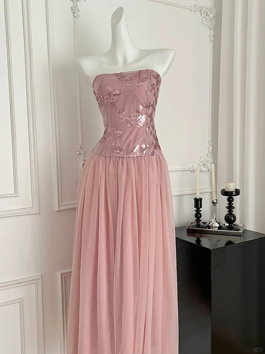 Elegant Pink A-line Tube Top Sequined Tulle Long Prom Dress Evening Dress Bridesmaid Dress cc5271