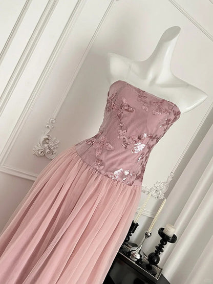 Elegant Pink A-line Tube Top Sequined Tulle Long Prom Dress Evening Dress Bridesmaid Dress cc5271