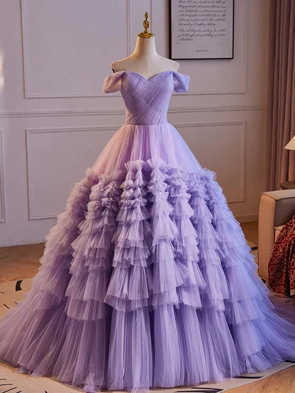 Purple Sweetheart Tulle Layers Sweet 16 Dress Long Prom Dress A Line Off Shoulder Solid Color