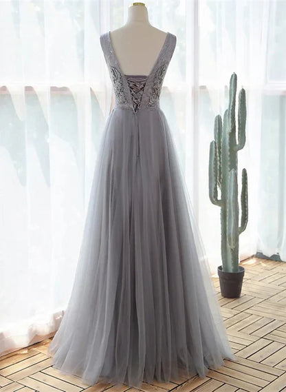 Grey A-line Tulle with Lace Long Formal Dress V-neckline Prom Dress Sleeveless december wedding guest dress