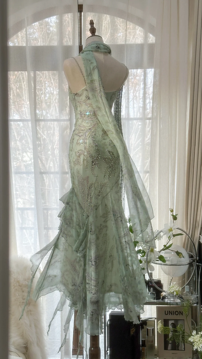 Retro Gorgeous Spaghetti Strap Green Beading Romantic Sparkling Evening Dress Prom Dresses HZ1024