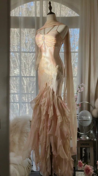 Vintage Mermaid Beaded Floral Design Romantic Chiffon Evening Dress Prom Dress HZ1024