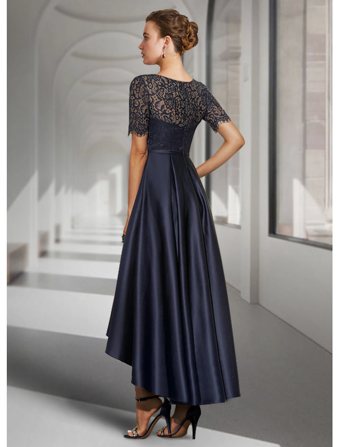 A-Line Mother of the Bride Dress Wedding Guest Elegant High Low Scoop Neck Asymmetrical Tea Length Satin Lace Short Sleeve