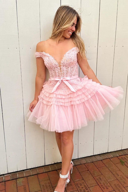 Pink Off-the-Shoulder Bow Tiered Short Homecoming Dress with Ruffles