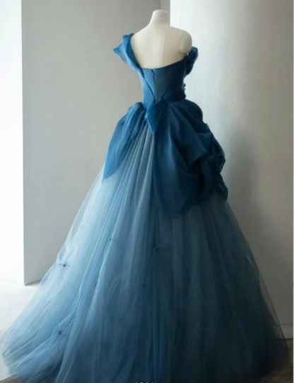 Retro Elegant Navy Blue One-shoulder Tulle Long Ball Gown Evening Dress cc5286