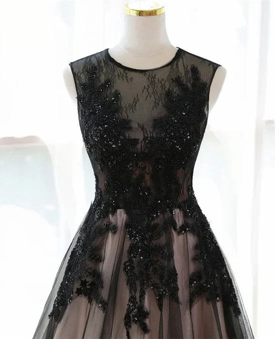 A-line Tulle with Lace Round Neckline Floor Length Party Dress Black Prom Dress Formal Dress
