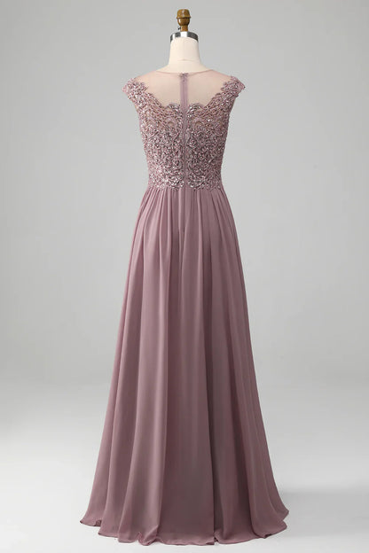 A-line Beaded Chiffon Round Neck Maxi Mother of the Bride Dress