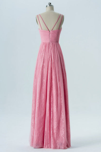 Pink V-Neck Embroideried Double Straps Bridesmaid Dress