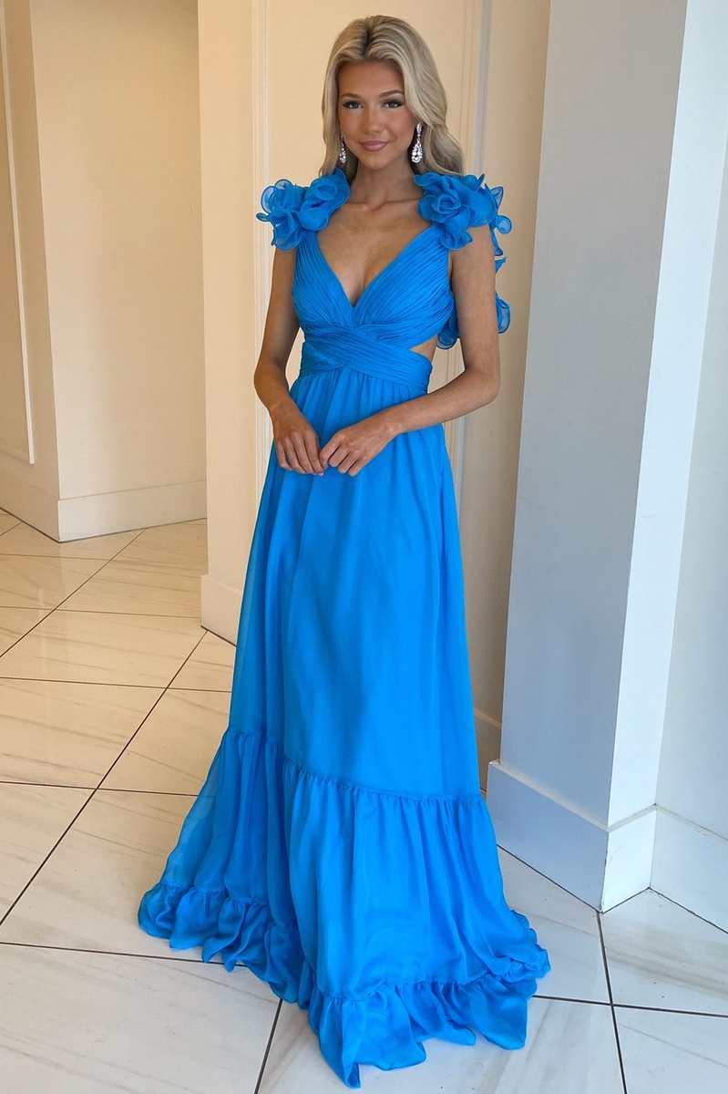 Magenta Chiffon Lace-Up Ruffle Belted A-Line Prom Dress