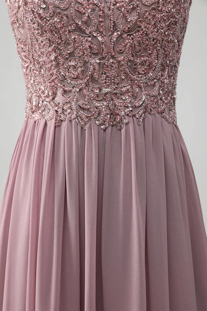 A-line Beaded Chiffon Round Neck Maxi Mother of the Bride Dress