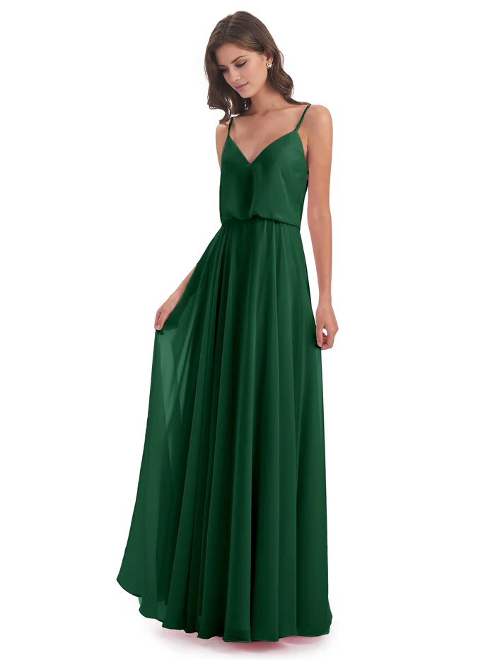 Simple slim shoulder chiffon and floor length bridesmaid dress