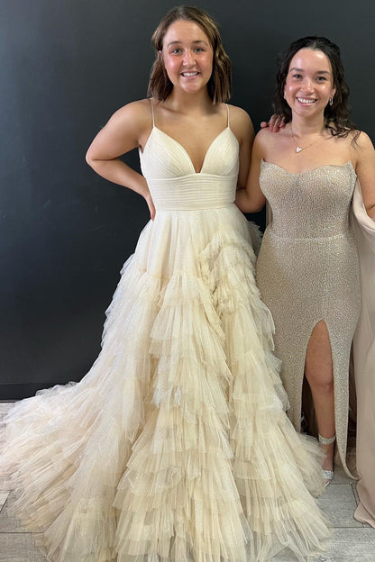 Pink Tulle High-Waist Tiered Long Prom Dress with Ruffles