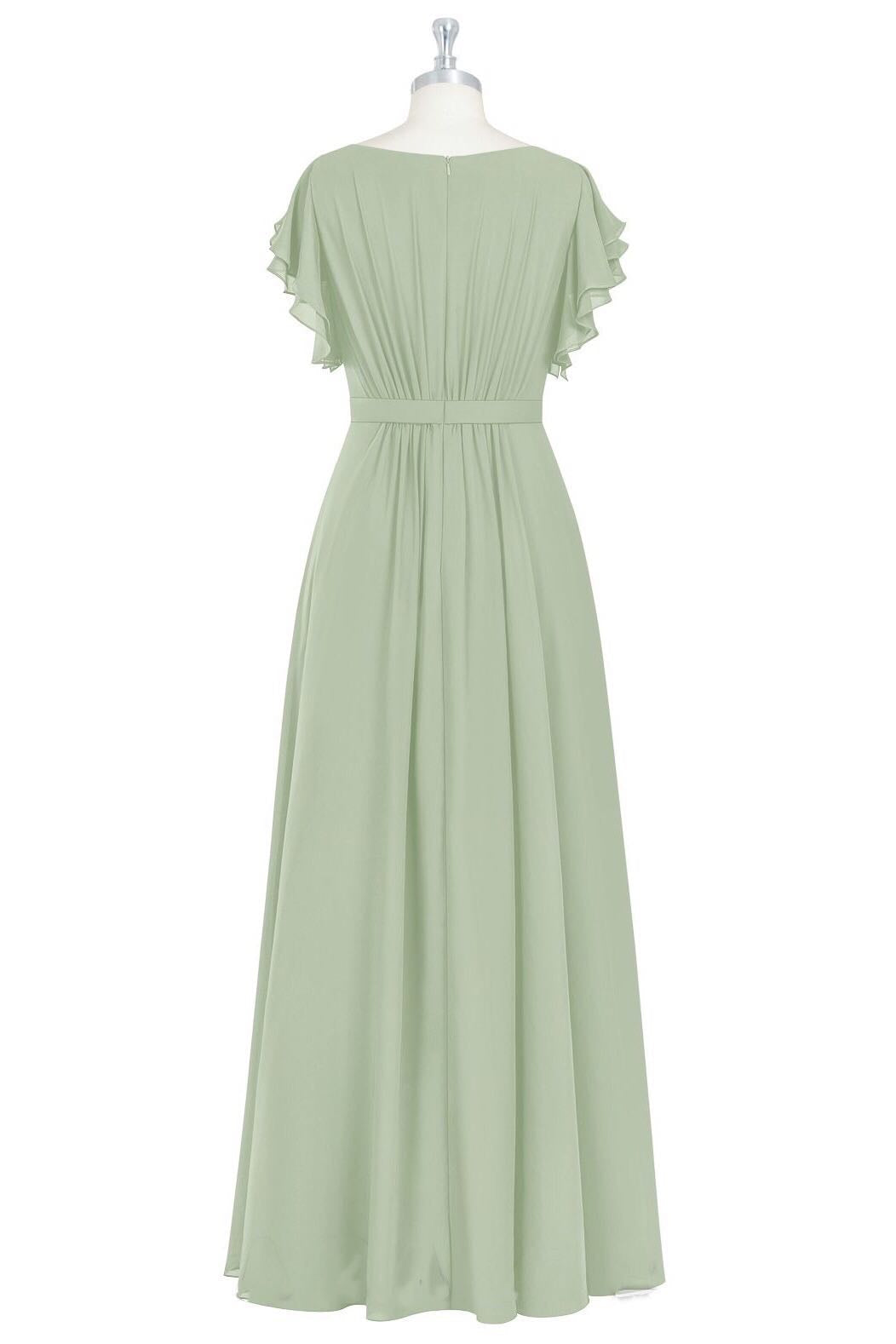 Sage Green Crew Neck Ruffles A-Line Long Bridesmaid Dress