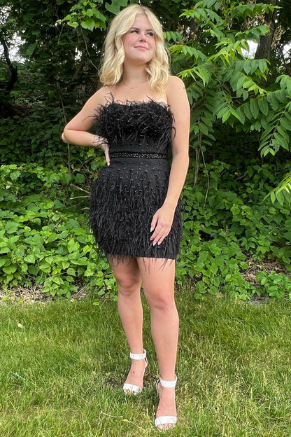 Cobalt Blue Feathers Strapless Short Cocktail Dress