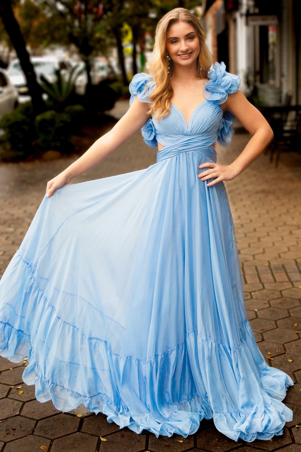 Magenta Chiffon Lace-Up Ruffle Belted A-Line Prom Dress