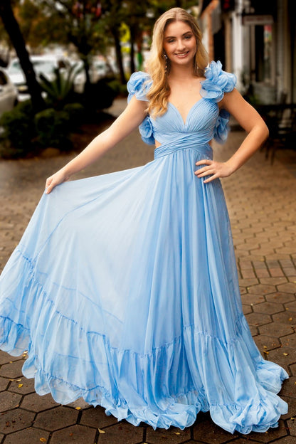 Magenta Chiffon Lace-Up Ruffle Belted A-Line Prom Dress