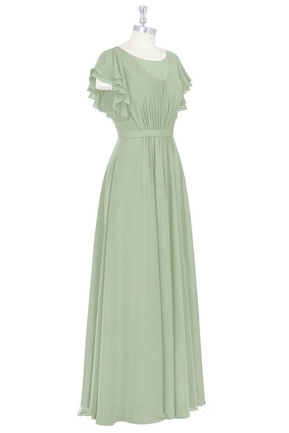 Sage Green Crew Neck Ruffles A-Line Long Bridesmaid Dress