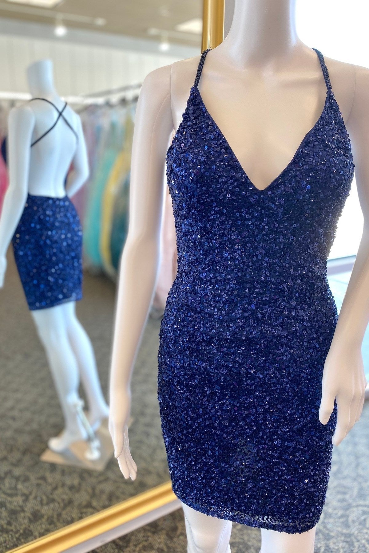 Blue Sequin V-Neck Backless Short Homecoming Dress