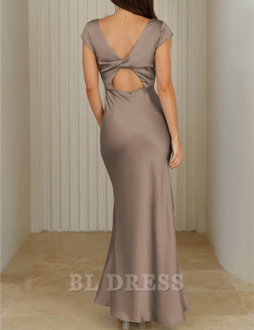 Elegant V Neck Cap Sleeve Backless Satin formal dresses evening gown Bridesmaid Dresses