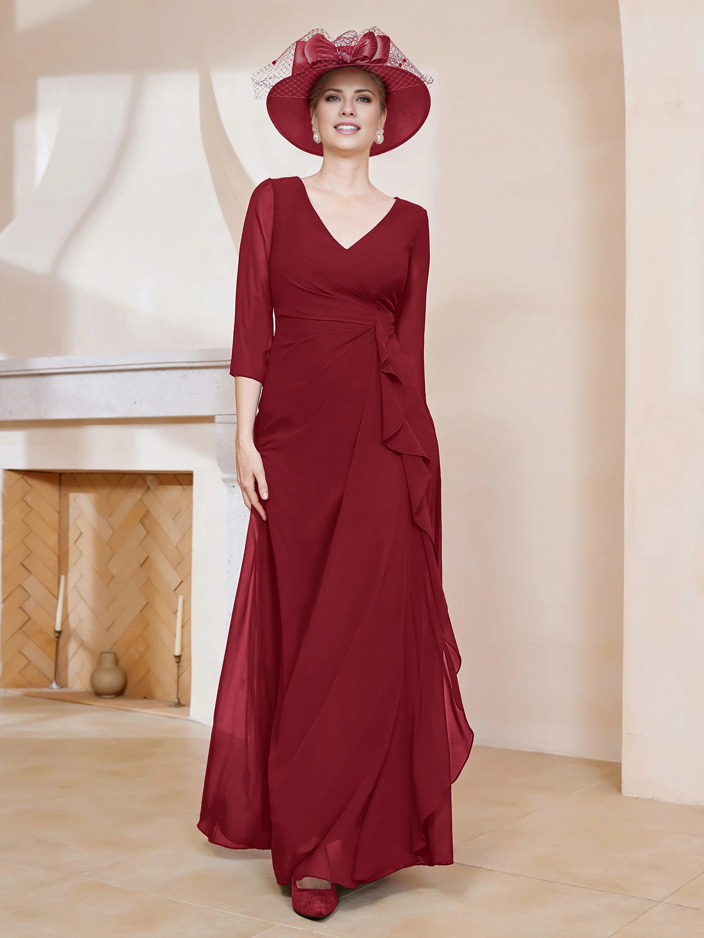 3/4 long sleeved V-neck pleated long mother of the bride dress
