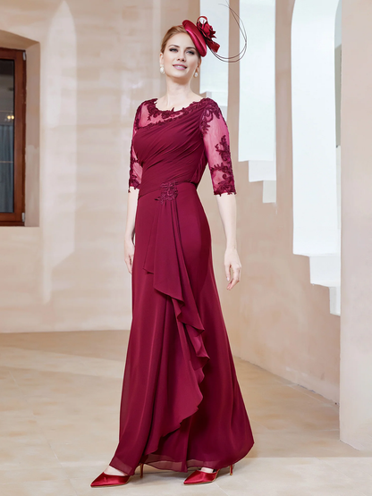 Low round lace neckline with ruffled edges, tight fitting mother of the bride dress