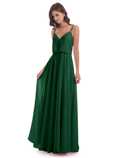Simple slim shoulder chiffon and floor length bridesmaid dress