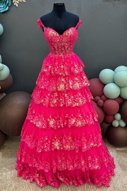 Off-the-Shoulder Gold Sequin Lace Ruffle Multi-Layer Long Gown
